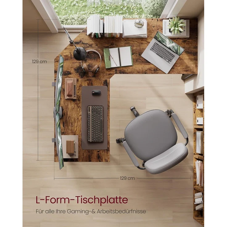 VASAGLE Eckschreibtisch, L-förmiger Computertisch, 129 x 129 x 76 cm, platzsparender Bürotisch, Homeoffice, Gaming, vintagebraun-tintenschwarz LWD124K01 – Bild 4