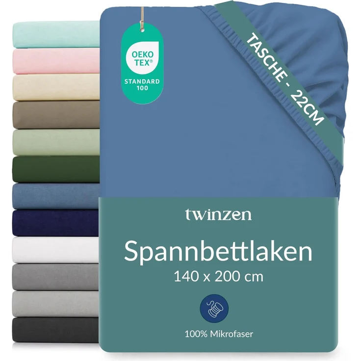 Twinzen Spannbettlaken Mikrofaser 140x200 Blau Steghöhe 25 cm