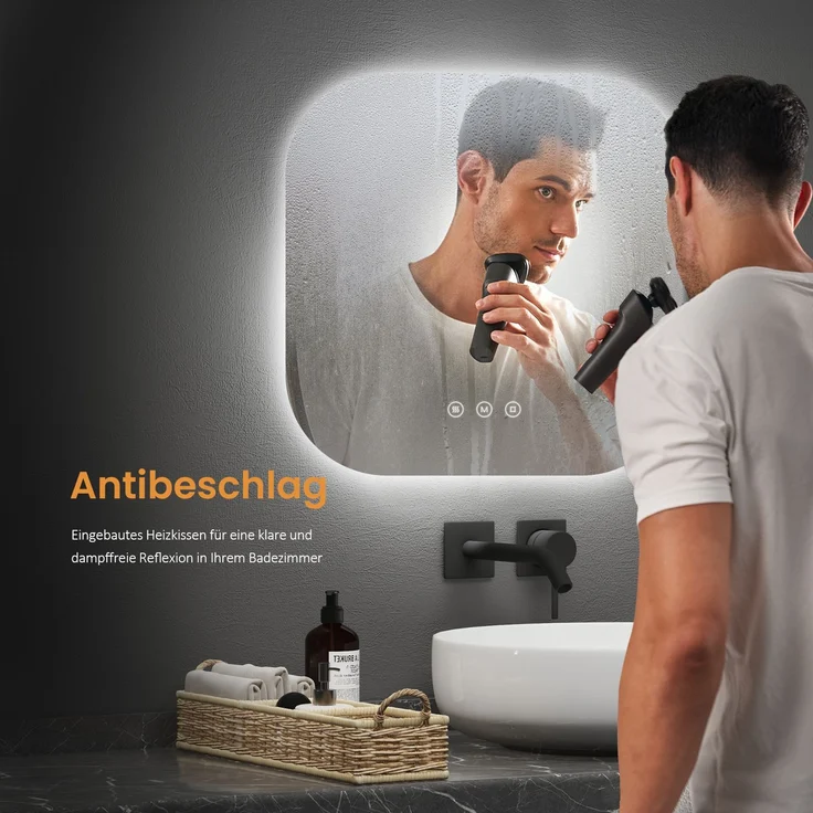 EMKE Badspiegel mit Beleuchtung, Softcube, Rahmenlos, 3000/4000/6500K Badezimmerspiegel 50×50cm – Bild 3
