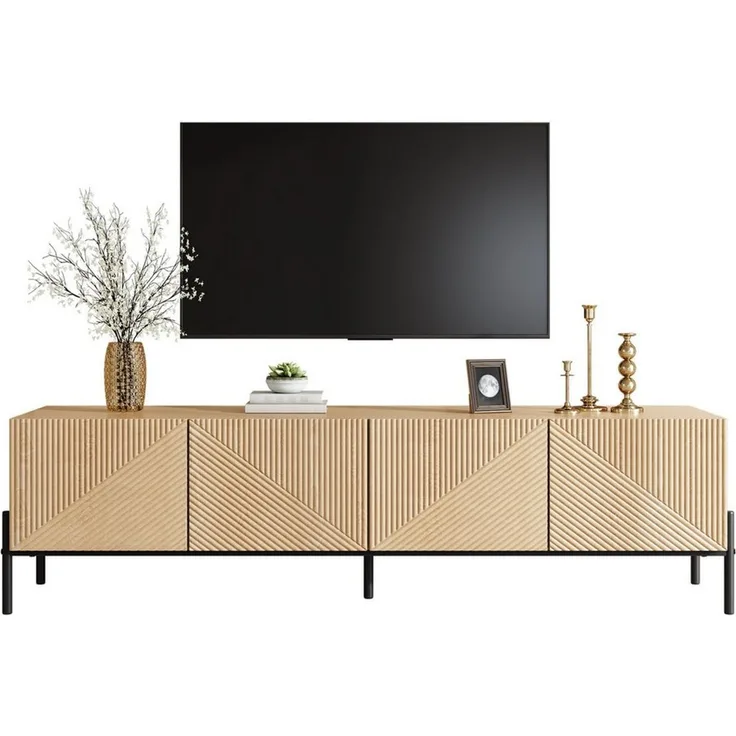 BlingBin Lowboard TV-Schrank Fernsehschrank TV-Ständer (1 St, mit 4 Türen Aufbewahrung, Geometrisches Design, 3D-Textur), 163,5 L x 40 B x 45H(cm), Natur