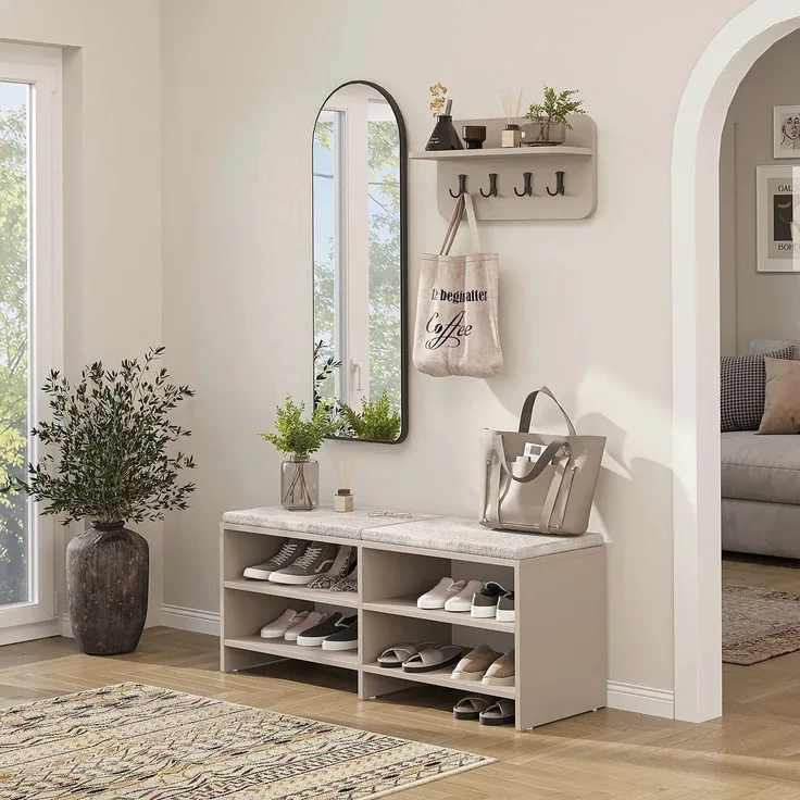 Roomart LENA Garderobenset 3-teilig – Sitzbank 120 cm, Wandgarderobe & Bogenspiegel – Flurgarderobe – H 50 x B 120 x T 37 cm (Sitzbank) • Beige