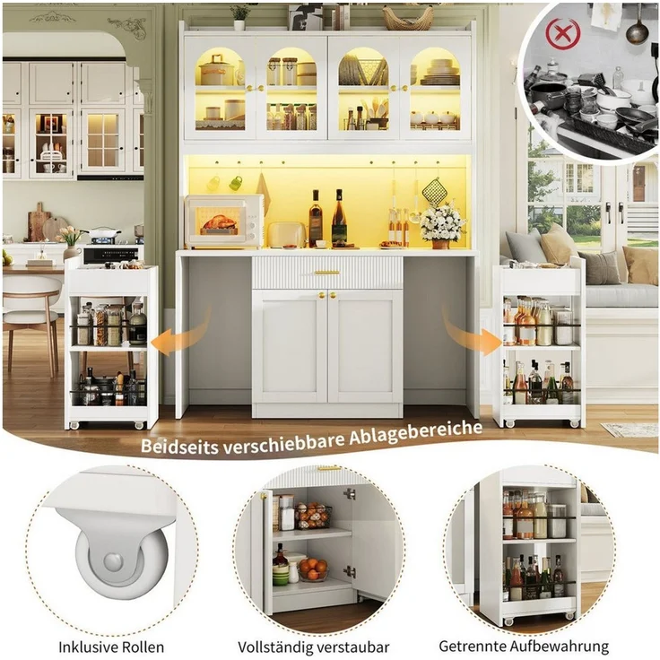 Odikalo Küchenbuffet Küchenschrank Buffetschrank mit LED Schublade und Roll-Ablagen (Hochküchenschrank 120cm mit RGB-LED, App-Steuerung, 3 Glasvitrinen, Schubkästen & beidseitigen Roll-Ablagen) 120*40*187cm(L x B x H) – Bild 4