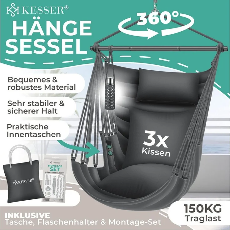 KESSER® Hängesessel Haiti 150kg Traglast, Hängestuhl 360° Drehung, Hängeschaukel Indoor-Outdoor UV-beständig & Wasserfest, Pflegeleicht, Inkl. 2 Kissen, Tragetasche, Flaschenhalter & Montage-Set Anthrazit / Anthrazit – Bild 2