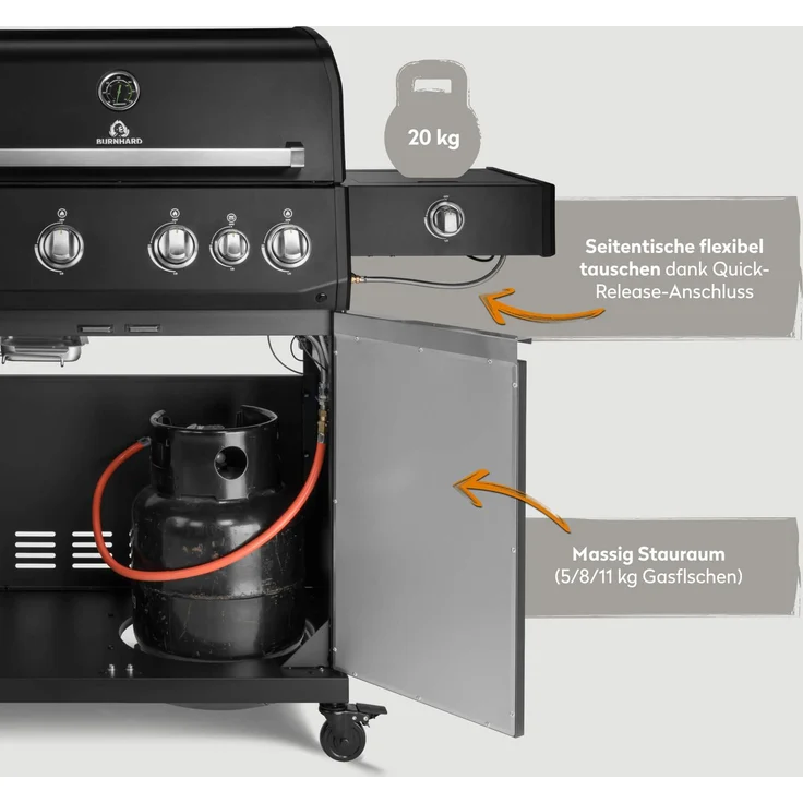 BURNHARD® Gasgrill 4-Brenner, 24,7 kW, Infrarot-Keramikbrenner, Seitenkochfeld, Heckbrenner, Edelstahlrost, Piezo-Zündung, Edelstahl-Brennkammer, große Grillfläche – Big FRED Deluxe+ - Schwarz - #947146 – Bild 5