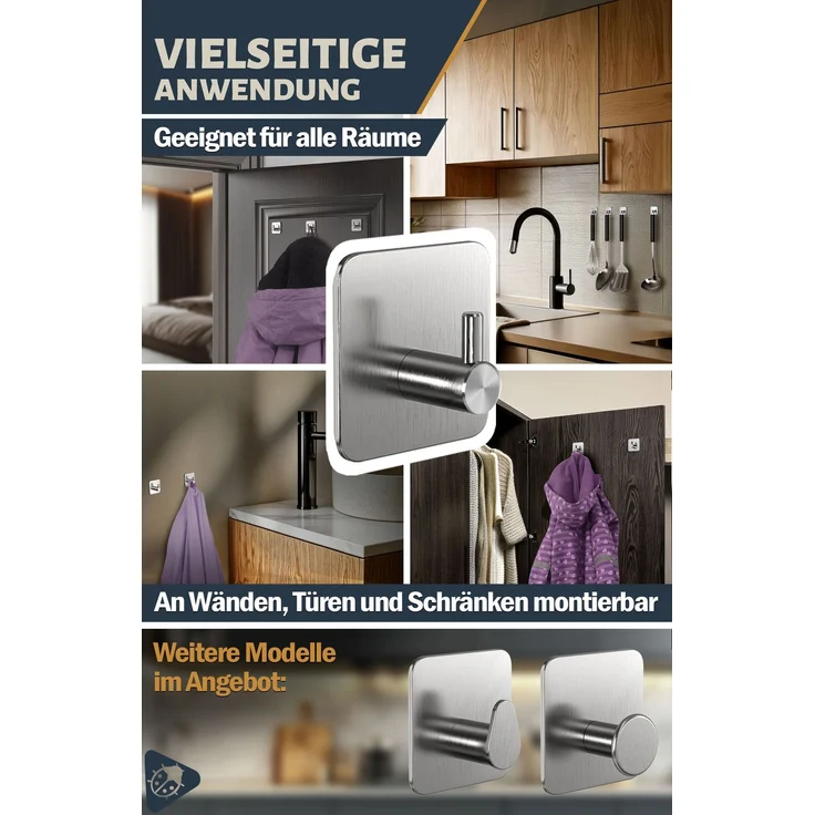 Lindenstein Handtuchhaken 4er-Set Silber – Edelstahl V2A, selbstklebend mit 3M-Pads – Bild 6