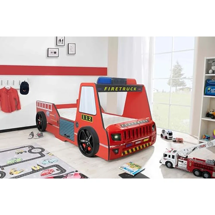Autobett Kinderbett 90x200 Feuerwehrbett "Rio Firetruck" Hochglanz mit LED Leuchte Rot – Bild 2