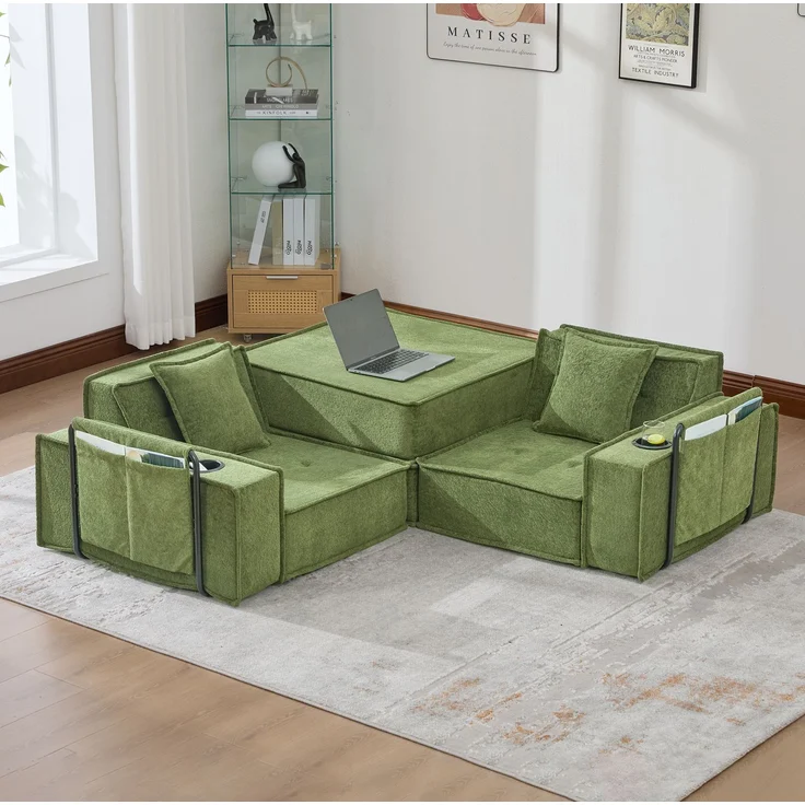 2-Sitzer-Sofa, Chenille mit Seitentaschen & 2 Kissen, 162x78x66 cm, Grün – Bild 3