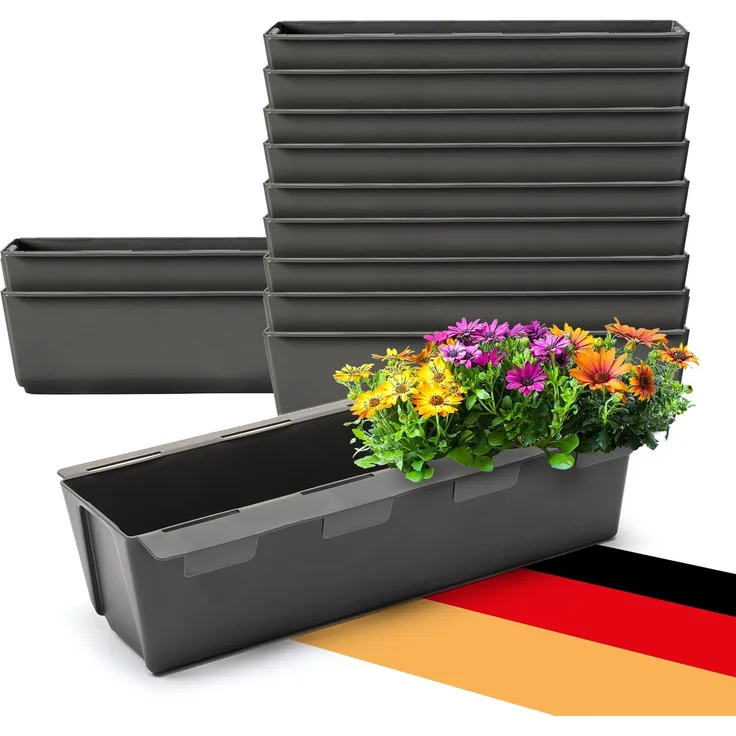 BigDean 12er Set Paletten Blumenkästen - Einsatz - mit Hängesystem zum Einhängen - 37cm anthrazit - Pflanzkasten für Europalette Balkonkasten Blumentopf - aus recyceltem PP-Kunststoff