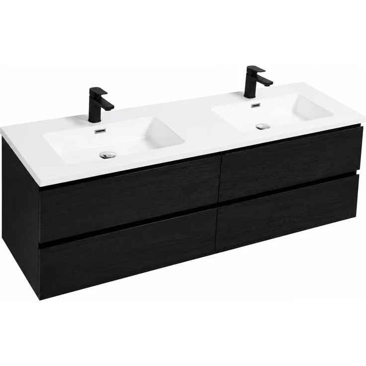 Badplaats Badmöbel Set mit Waschbecken und Unterschrank Angela 160 x 48 cm Schwarz Holz - Waschbeckenunterschrank mit Soft-Close und Doppelwaschbecken, Vorgemontiert – Bild 5