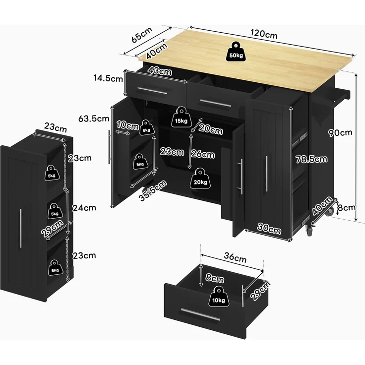Kücheninsel aus MDF mit Klappblatt & 3-stufigem Auszug, 120x40/65x90 cm, Schwarz/Natur – Bild 10