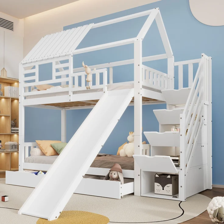 Etagenbett Hausbett 90x200 mit Treppe Stauraum Rutsche Schubladen Kinderbett Hochbett Spielbett Kiefernholz Weiß – Bild 2