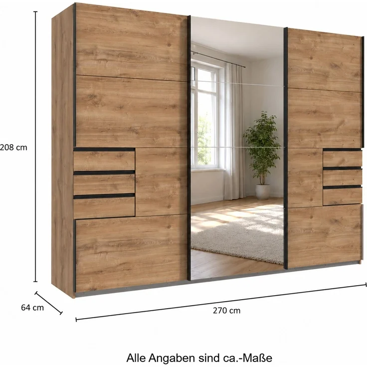 Schwebetürenschrank Kleiderschrank 3trg 270cm Eiche Dekor Spiegel u. Schubkästen – Bild 9