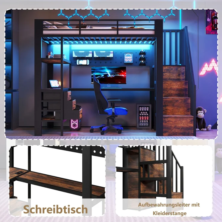 Merax Hochbett, Kinderbett 90 x 200 cm, Einzelbett, Metallbett, mit Ablagefläche, Schublade, Lochwand, Tisch, Steckdose, LED-Licht, ohne Matratze, Schwarz – Bild 6