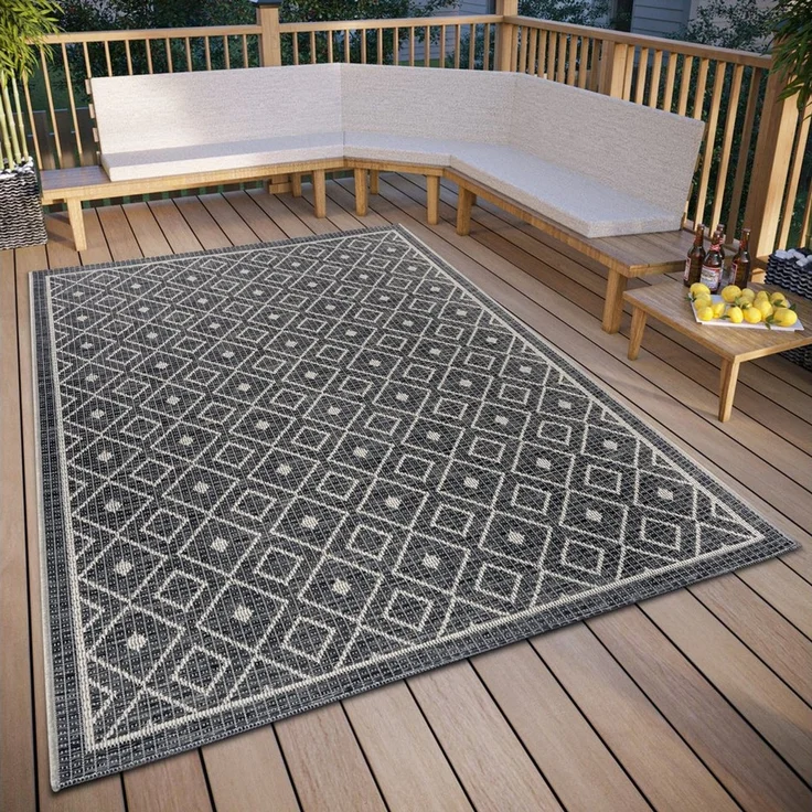 Hanse Home Lahal Outdoor Teppich Wetterfest – Modernes Geometrisches Rauten Muster, Wasserfest robuster Aussenteppich Flachgewebe für Garten, Balkon, Terrasse, Wohnzimmer – Grau Beige, 155x235 cm – Bild 5
