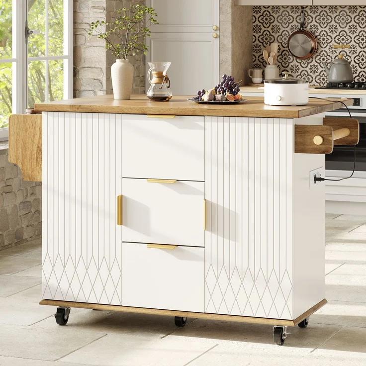 Küchenwagen 134 x 46/74 x 88 cm aus MDF und Metall mit ausklappbarer Arbeitsplatte und Steckdosen – Bild 3