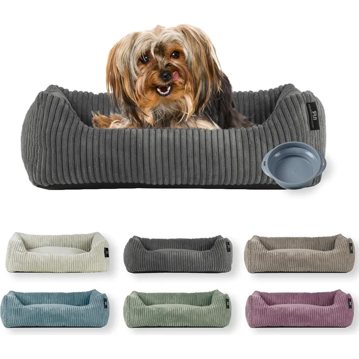 Rohrschneider Tierbett Hundebett Cord für kleine Hunde mit waschbarem Bezug inkl. Futternapf, antiruschbeschichtete Unterseite