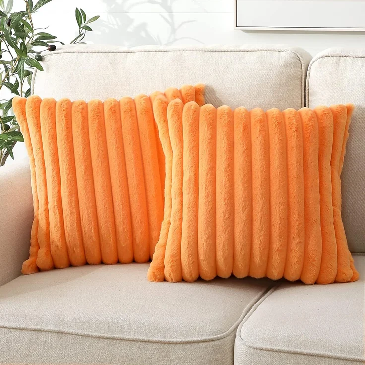 Kissenbezüge 2er Set Flauschig Plüsch Deko Dekokissen Sofakissen Zierkissenbezüge 45*45cm Sofakissen Couchkissen Bezug Sofa Schlafzimmer Reißverschluss,orange – Bild 3
