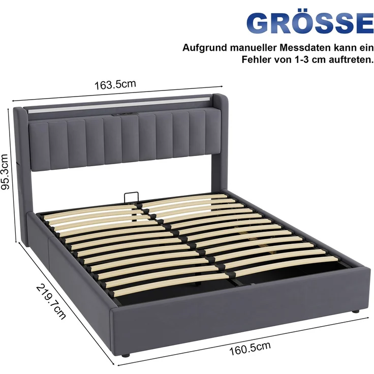 Polsterbett 160 x 200 cm aus Samt mit Stauraum, USB-Anschluss und LED-Beleuchtung, Dunkelgrau – Bild 4