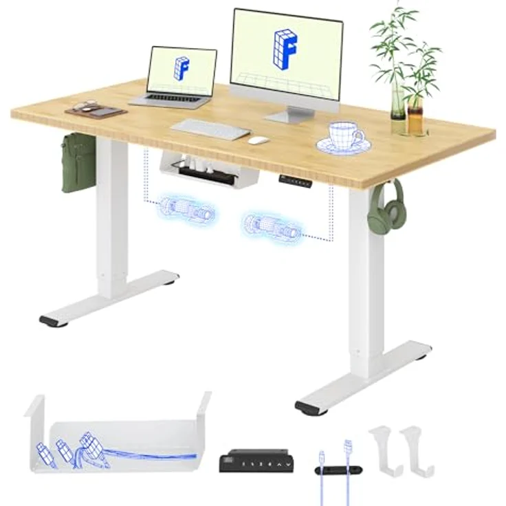 FLEXISPOT Höhenverstellbarer Schreibtisch mit 2 Motoren und einteiliger Tischplatte – Ergonomischer Bürotisch, 140x80 cm, Bambus-Tischplatte (19 mm), weißes Gestell – Bild 2