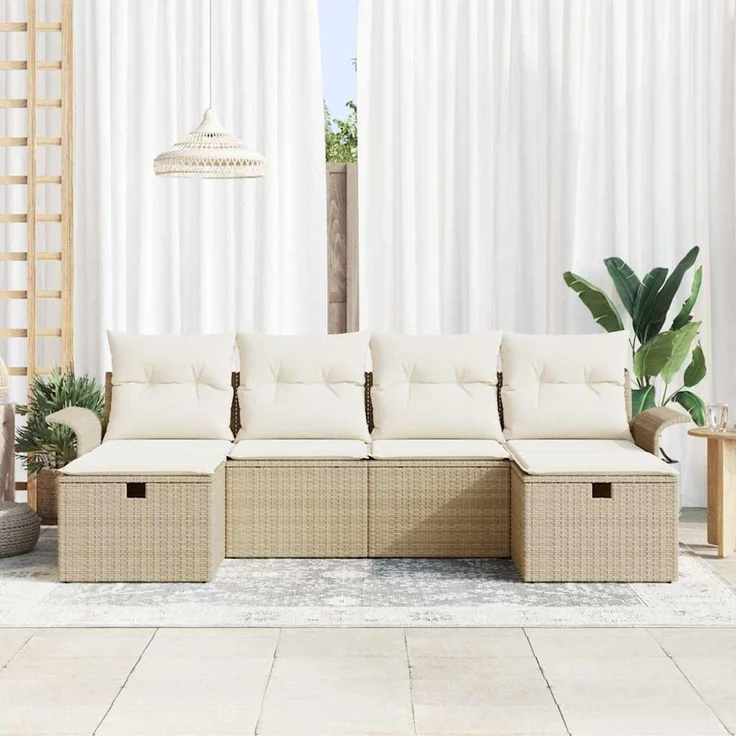 vidaXL Garten-Sofa-Set mit Kissen mit Speicher 6 pcs Beige Poly Rattan 3360252 – Bild 3