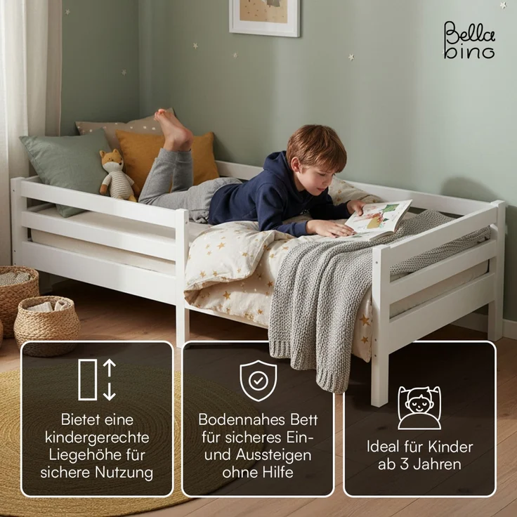 Bellabino 'Iskri' Kinderbett 90x200 cm mit Matratze, weiß, Massivholz Kiefer, Jugendbett mit Rausfallschutz und Lattenrost – Bild 4
