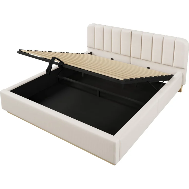 Polsterbett, Doppelbett, 180 x 200 cm, Bett mit Lattenrost, Kopfteil, Gepolstertes Kopfteil, Hydraulische Lagerung, Mit LED-Lichtleiste, Ohne Matratze, Beige Chenille – Bild 10