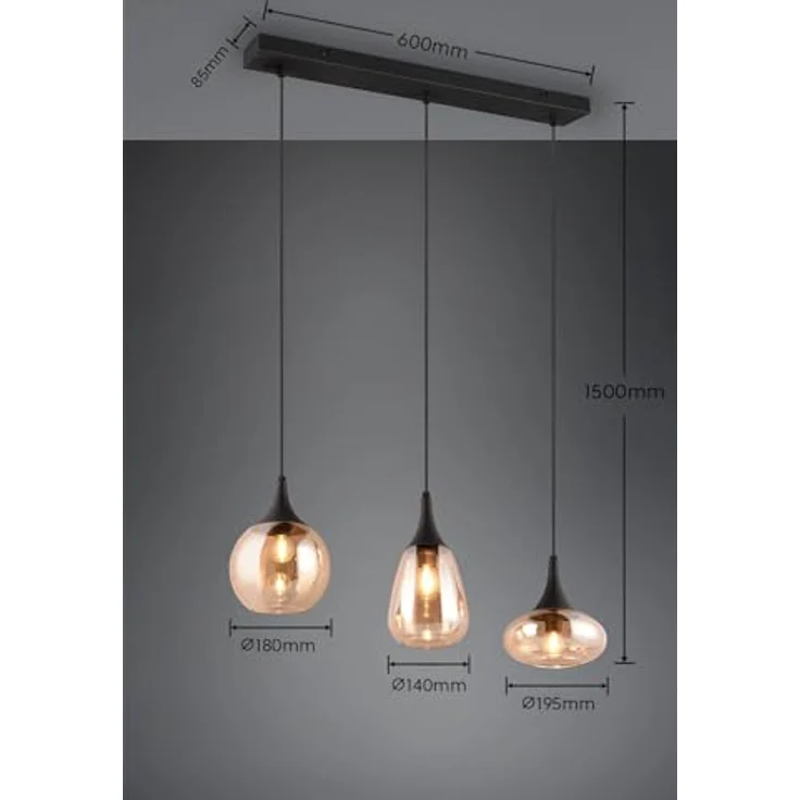 Trio Leuchten Lumina Pendelleuchte, 3-stilig mit 120 W, amber-schwarze Glasschirme, Maße: 19,5 x 68,8 x 150 cm, E14 – Bild 7