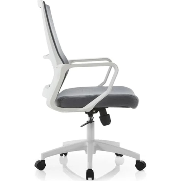 Shally Dogan Ergonomischer Drehstuhl mit Lendenwirbelstütze, Schreibtischstuhl, Arbeitszimmerstuhl, höhenverstellbar, stabile weiße Basis, schweißfeste Rückenlehne (Grau) – Bild 7