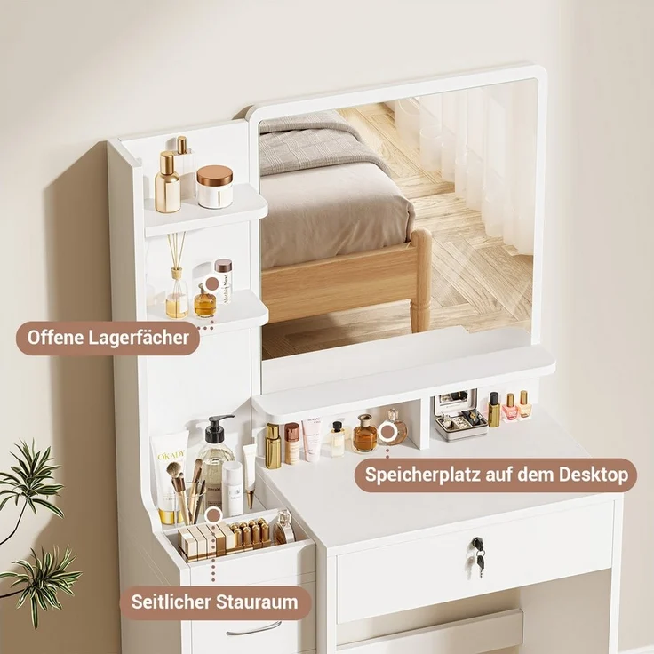 Dripex Schminktisch mit Spiegel, Hocker und Schubladen, Weiß, 87 x 38,3 x 141,5 cm, Mit seitlichem Stauraum – Bild 3