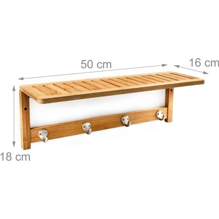 Relaxdays Wandregal mit 4 Haken, Bambus natur, 50 x 16 x 18 cm – Bild 4