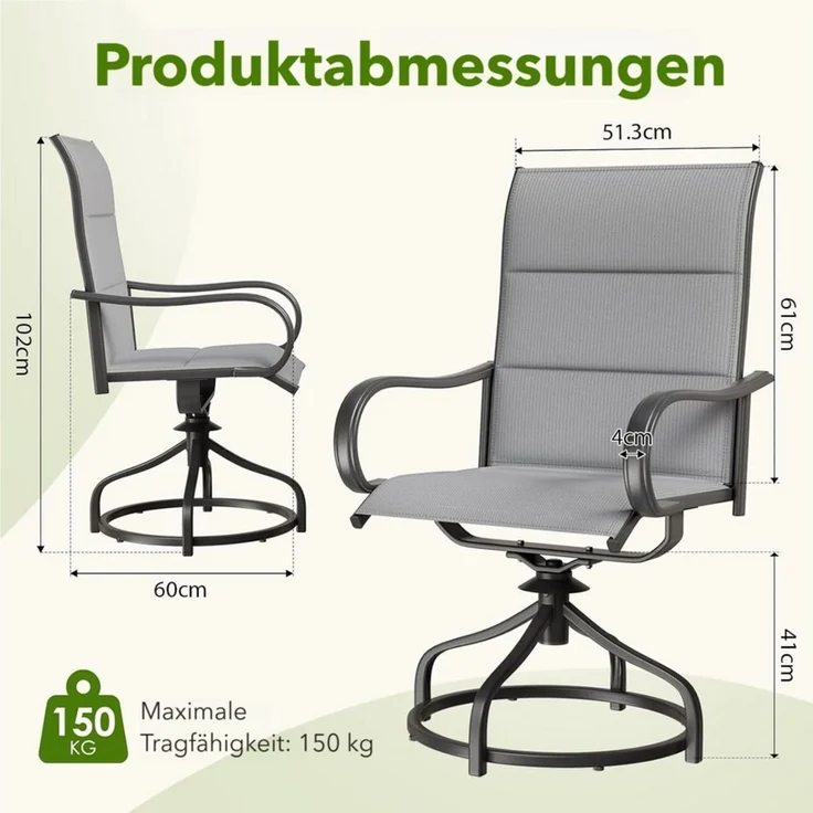 TLGREEN Gartenstuhl hochlehner 2er Set,360° drehbar, Drehstühle Wetterfeste, (Gesteppte Rückenlehne & Sitzfläche, bis 150 kg belastbar, 2 St), Für Terrasse Garten Balkon – Bild 2