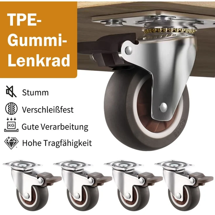 Home Nature Wohnkonzept Schwerlast Lenkrollen 50mm mit Bremse 360° drehbar, 4 Stück geräuscharm Rollen für Möbel Industrie – Bild 3
