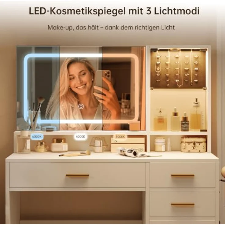 IRONCK Schminktisch mit LED-Spiegel, 3 Lichtfarben & dimmbarer Beleuchtung | Schminktisch mit Glasvitrinen, Schubladen, Schrankfächer, Föhnhalter, offenen Ablagen, Ladestation( 2AC+ USB-A + USB-C), Weiß – Bild 2