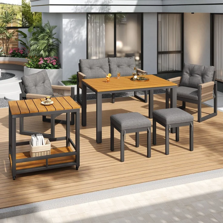Modernes Outdoor-Sofa-Set , Freizeit- und Besprechungsset für mehrere Personen , Eisengestell , Geflochtene Armlehnen , Inklusive Sitzkissen , Multifunktionaler Tisch – Bild 5
