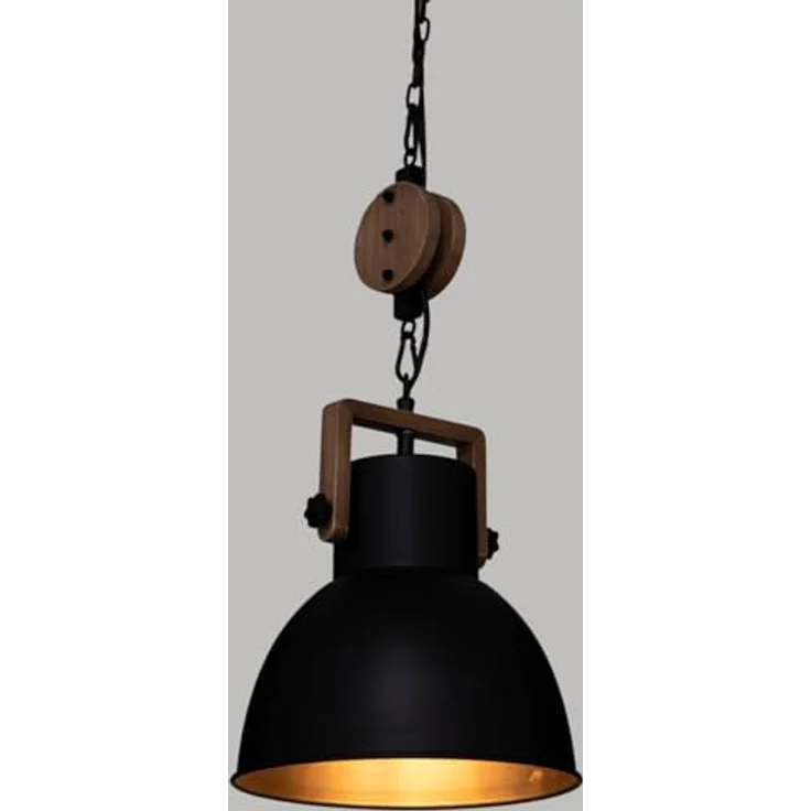 Atmosphera Silas 23 cm Pendelleuchte, Loft-Stil mit schwarzem Metall-Lampenschirm und Holzzubehör, E27 Fassung – Bild 2