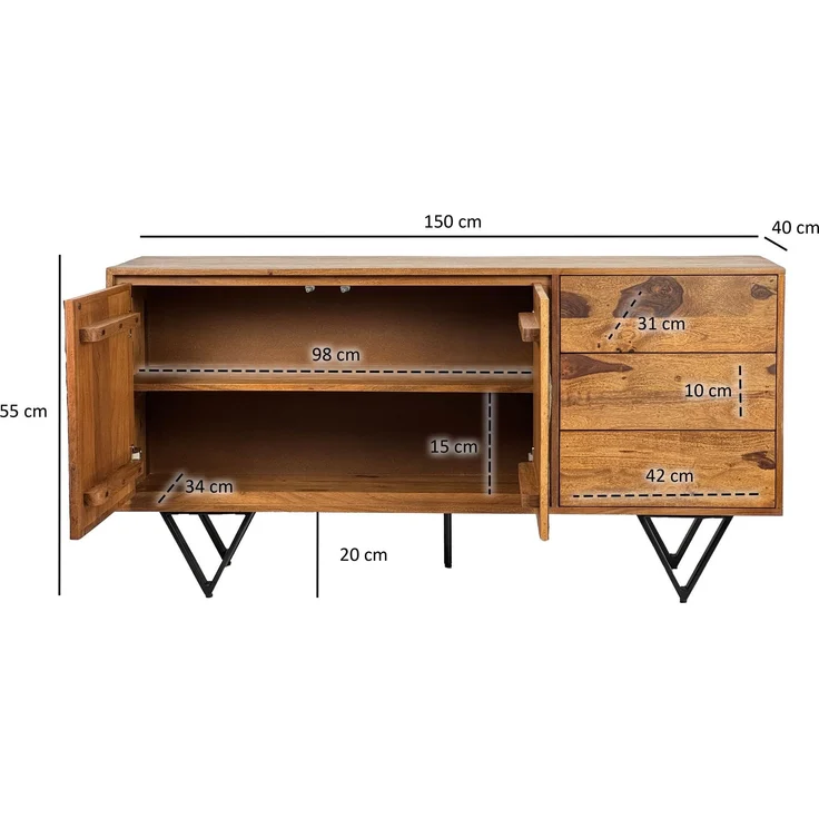 FineBuy Sideboard 175 x 71 x 40 cm Sheesham Massivholz Kommode mit Steinoptik Weiß, Hoher Kommodenschrank Modern, Standschrank mit 2 Türen und 3 Schubladen, Anrichte Wohnzimmer – Bild 3