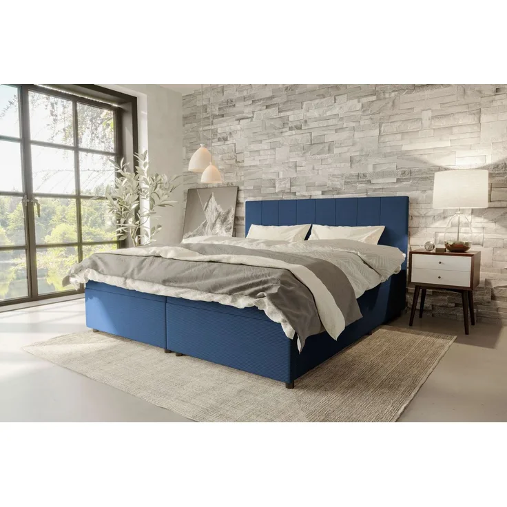99rooms Kira Boxspringbett Cordstoff POSO Blau 140x200 cm