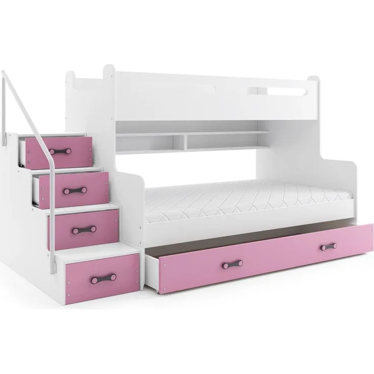 BMS Etagenbett für Kinder MAX 3 Weiß Rosa mit 2 Matratzen