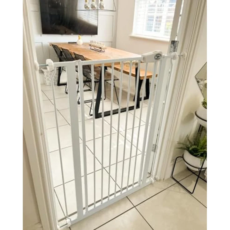 Bettacare Extra hoher Sicherheitsgitter für Kinder und Hunde, 113.8cm - 121.4cm, Weiß, Extra hohes Babygitter von 104cm Höhe, Druckmontage-Sicherheitsgitter für Treppen – Bild 7