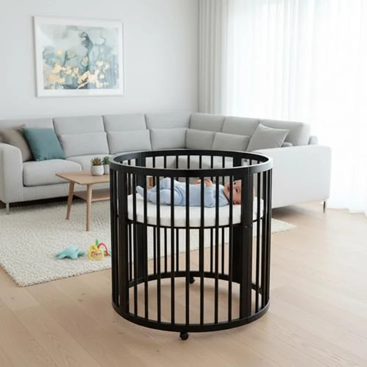 Deryan Willow Spielbox rund – Holz Laufstall für Babys – Inkl. Matratze – Schwarze Baby Playpen – Sicherer Indoor Spielplatz aus Holz - Schwarz – Bild 3