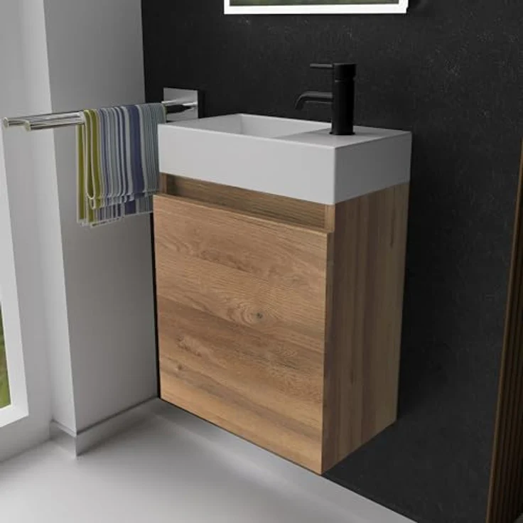 Alpenberger Badmöbel-Set Gäste WC Waschbecken mit Unterschrank - Badschrank Hängend, (Waschbeckenunterschrank mit Softclose, 2-tlg. Waschtisch Set Bamboo), Waschplätze für Kleine Bäder - Badschrank Hängend und Vormontiert – Bild 2