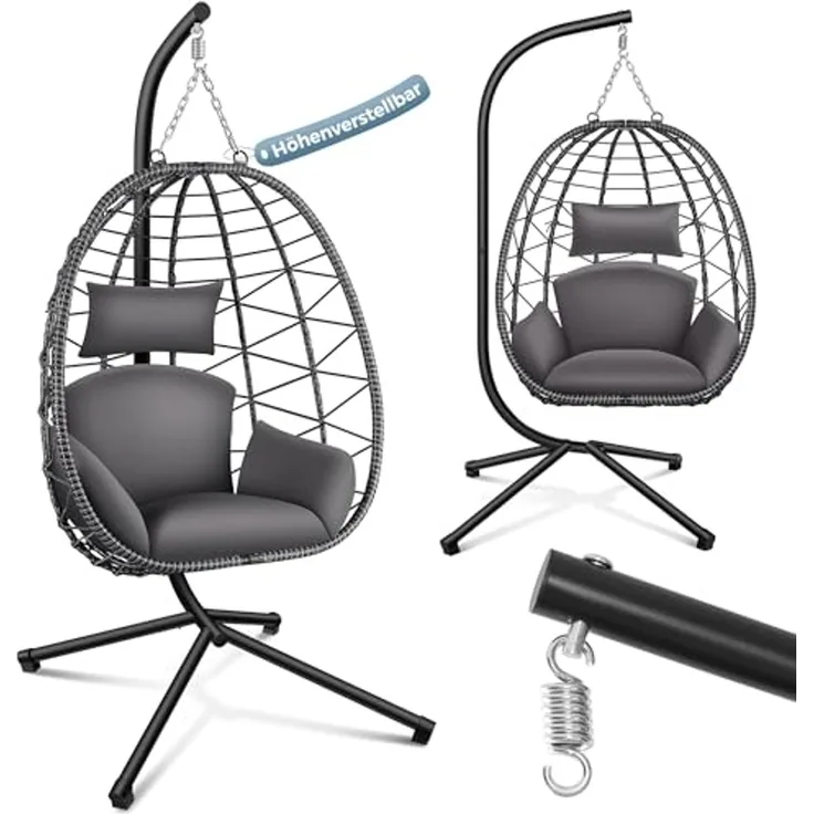 Makika Hängesessel mit Gestell höhenverstellbar aus Polyrattan in Grau
