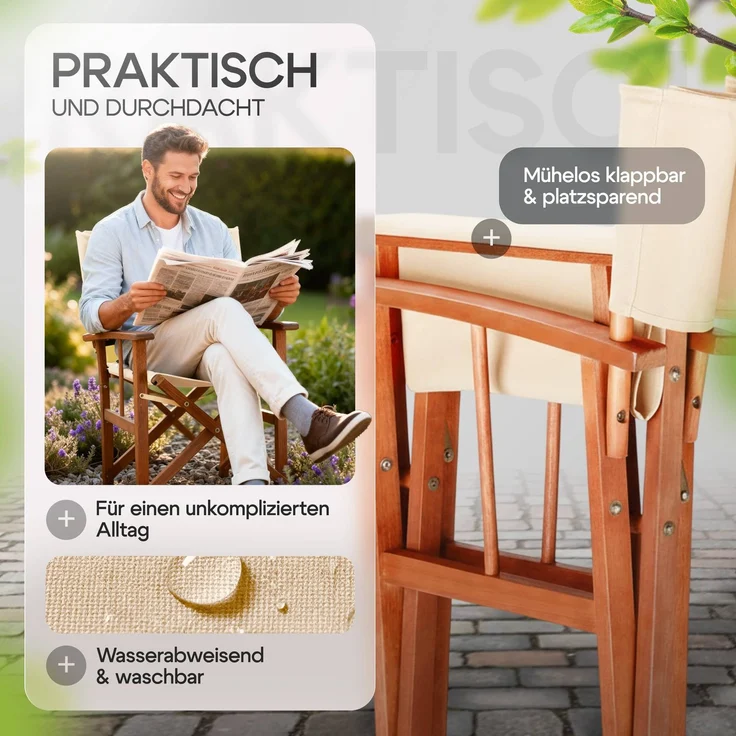CASARIA® Regiestuhl aus FSC® Eukalyptusholz Antrhazit Creme – Bild 4