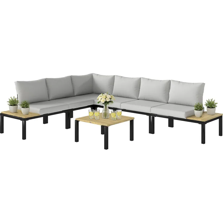 Wohnora-6-teiliges modulares Gartenmöbelset, Gartensofa, das sich in ein Bett verwandeln lässt, Couchtisch und Beistelltische, Grau,H 68cm x T 284cm x B 222cm,Hellgrau