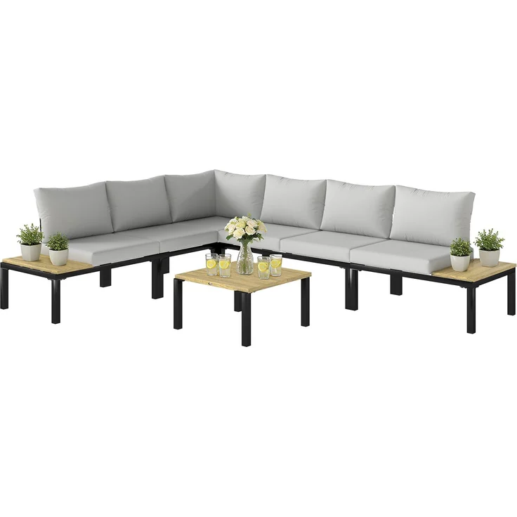 Wohnora-6-teiliges modulares Gartenmöbelset, Gartensofa, das sich in ein Bett verwandeln lässt, Couchtisch und Beistelltische, Grau,H 68cm x T 284cm x B 222cm,Hellgrau – Bild 1