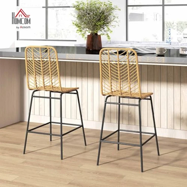 HOMCOM Barhocker Rattan Barhocker Satz (Barhocker, 2 St, Esszimmerstühle), Gelb+Schwarz 52 x 42,4 x 102 cm – Bild 3