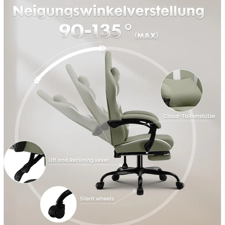 GTPLAYER Gaming Stuhl Bürostuhl Ergonomisch Gaming Sessel mit Kopfstütze und Cloud-Lendenkissen, Gepolstert Gaming Chair mit Fußstütze, Drehsessel,150kg Kapazität, Grün – Bild 7
