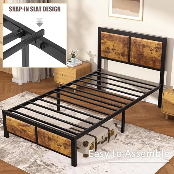 VECELO 2er-Set Bettgestell 90 x 200 cm, Einzelbett mit dickem Holzkopfteil und Metall-Lattenrost, Stauraum unter dem Bett, Stabiler Bettrahmen für Schlafzimmer, Vintage Braun – Bild 5