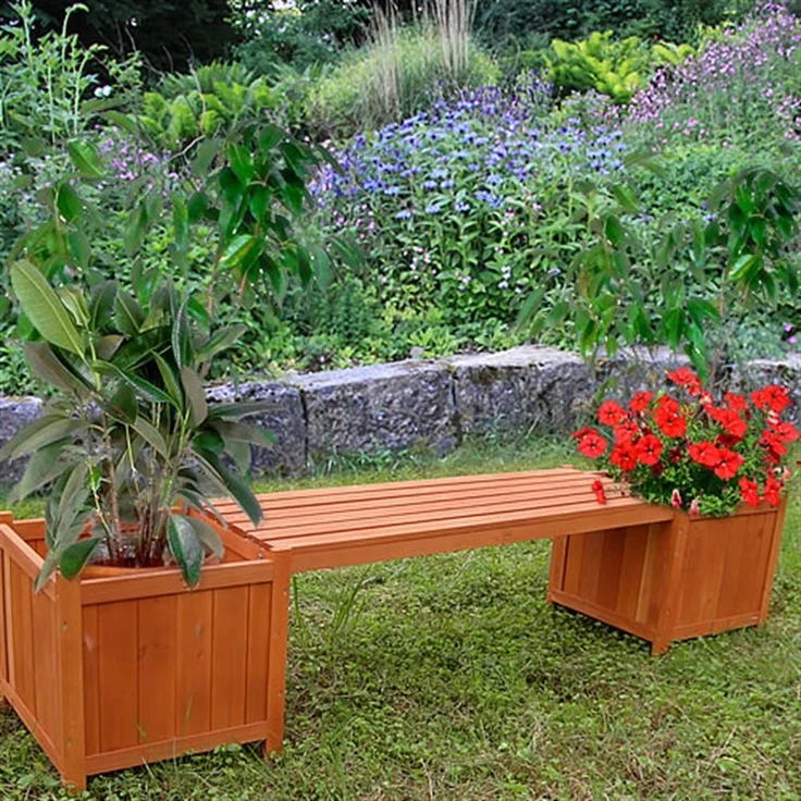 Gartenbank mit 2 Blumenkästen Garten Bank 2in1 Blumenkasten Holzbank braun – Bild 1