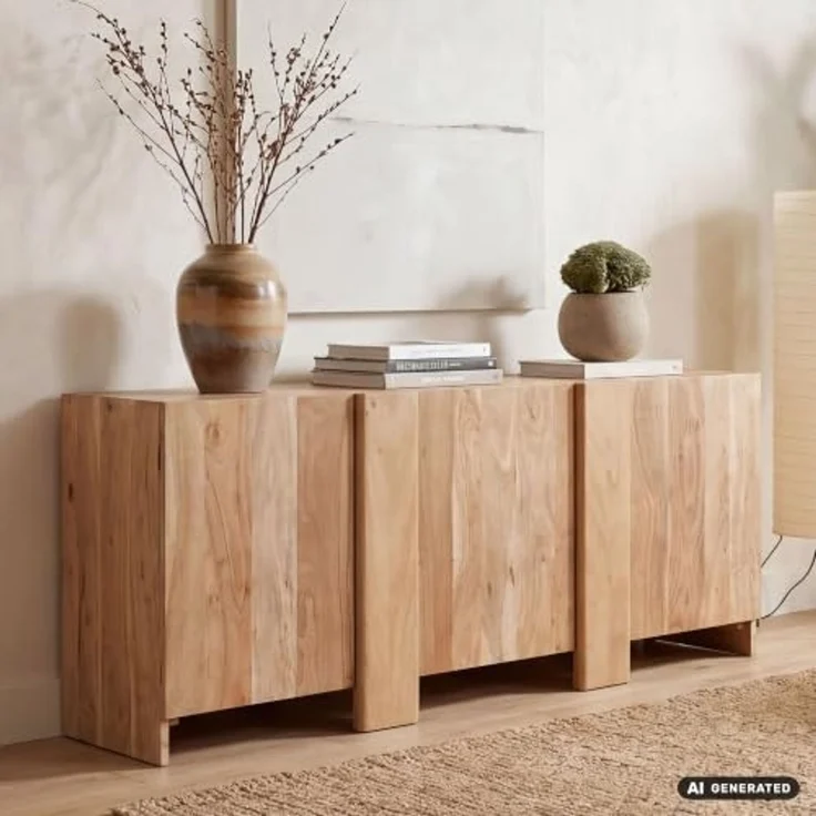 FINEBUY Sideboard FB119495 Anrichte 165cm Wohnzimmer Schrank Esszimmer Groß Modern (Massive Kommode aus Akazienholz mit 3 Türen), Braune Holzkommode mit 6 Fächern Handmade – Bild 2